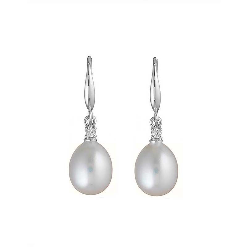Freshwater Pearl Four Claw Diamond Hook Earrings  |  9ct White Gold 