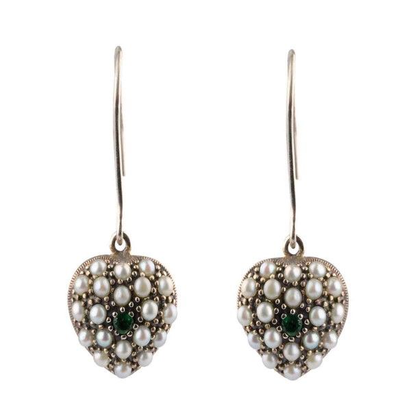 Antique Style Freshwater Seed Pearl Emerald/Ruby Heart Shape Drop Earrings  |  Silver