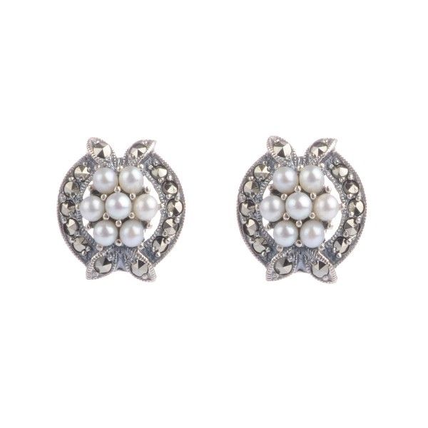 Silver Marcasite & Freshwater Cultured Pearl Stud Earrings