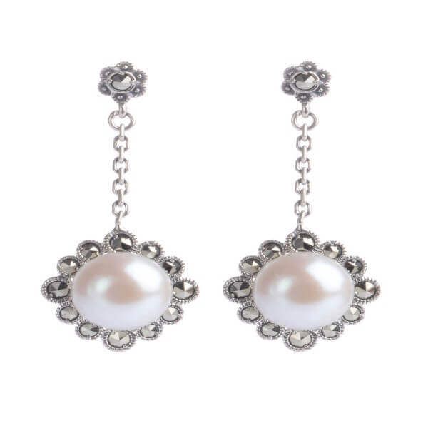 Silver Marcasite & Freshwater Cultured Pearl Drop Earrings