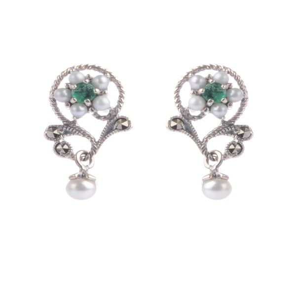 Freshwater Cultured Pearl, Emerald & Marcasite Floral Earrings  |  Silver 