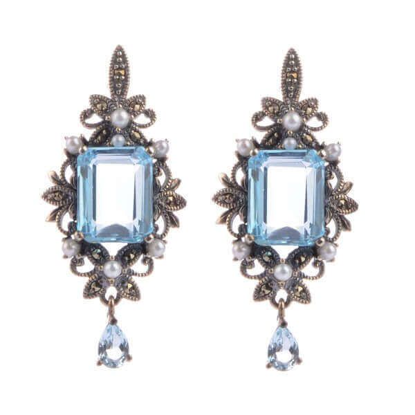 Freshwater Pearl, Blue Topaz & Marcasite Antique design Earrings | Silver 