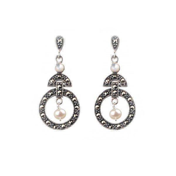 Freshwater Pearl & Marcasite Odeon Style Drop Earrings  |  Silver