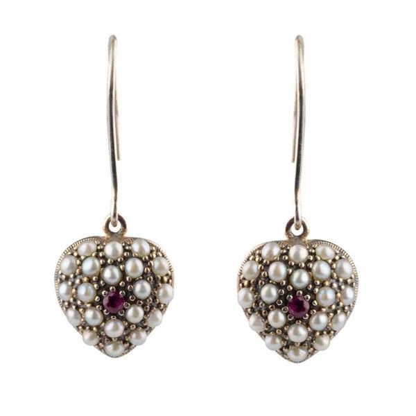 Antique Style Freshwater Seed Pearl Emerald/Ruby Heart Shape Drop Earrings  |  Silver