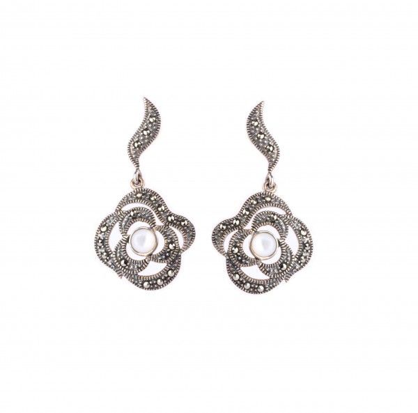  Mother Of Pearl & Marcasite Asymmetrical Drop Earrings  |  Silver