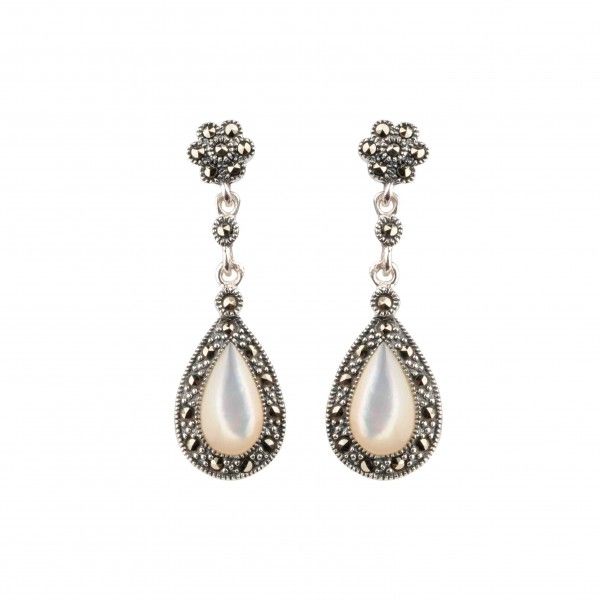 Mother Of Pearl & Marcasite Pear-Shape Drop Earrings  |  Silver 