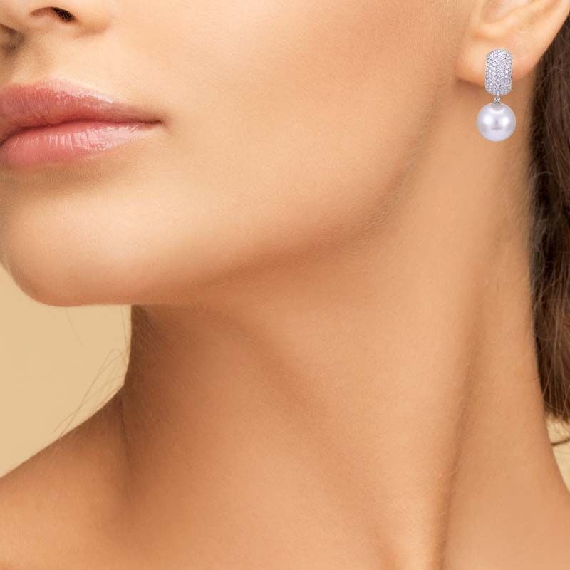 South Sea Pearl & Diamond Huggie Earrings | 18 ct White Gold 