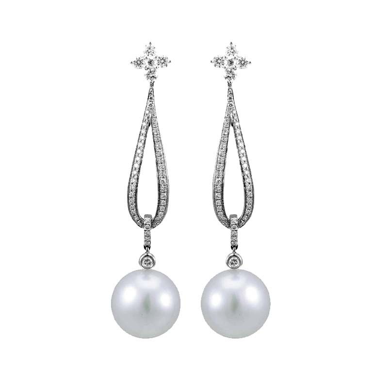 South Sea Pearl & Diamond Elegant Long Drop Earrings  |  18ct White Gold