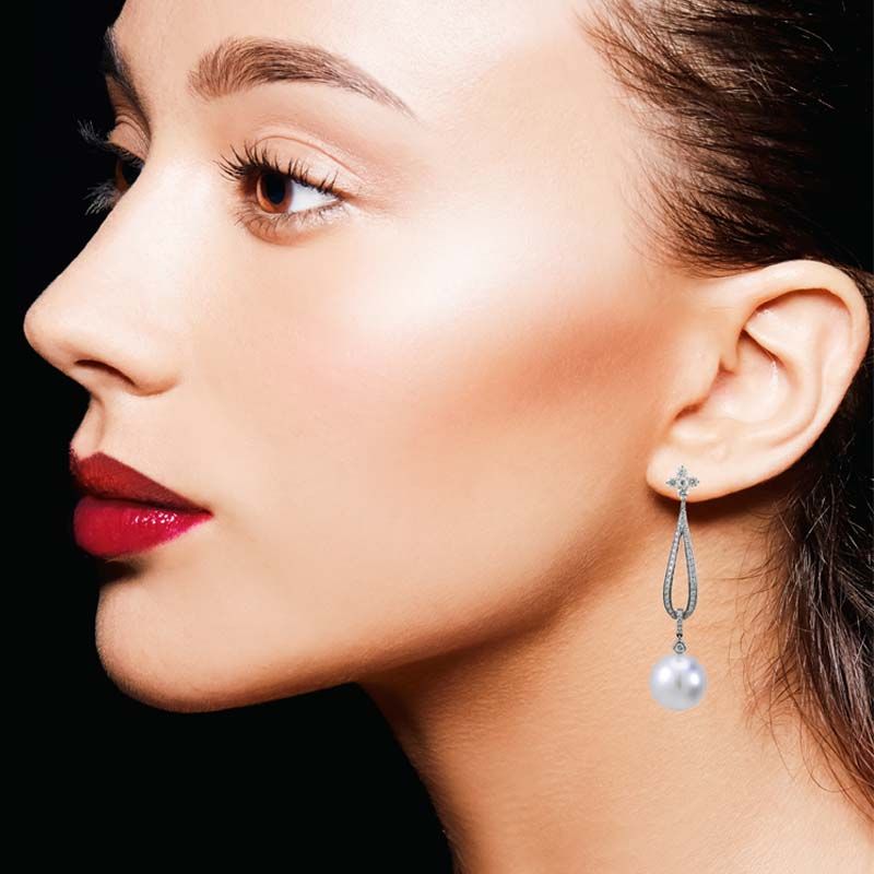 South Sea Pearl & Diamond Elegant Long Drop Earrings  |  18ct White Gold
