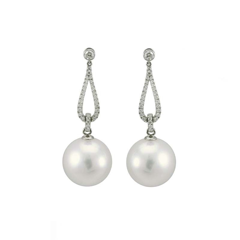 South Sea Pearl & Diamond Elegant Tapered Loop Earrings  |  18ct White Gold