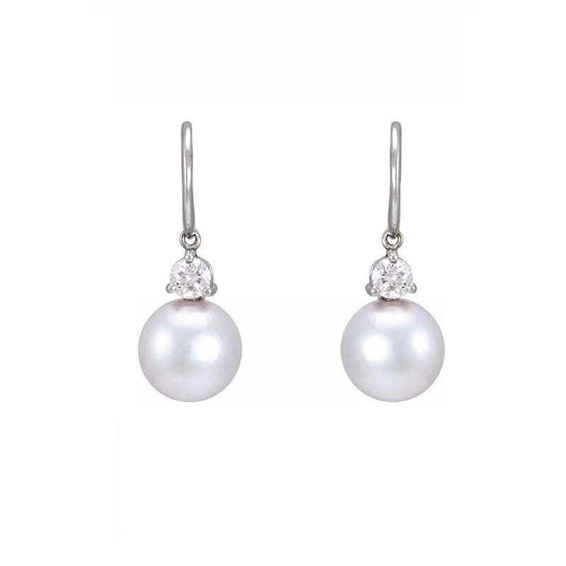 South Sea Pearl & Diamond 3 Claw Hook Wire Drop Earrings  |  18ct White Gold