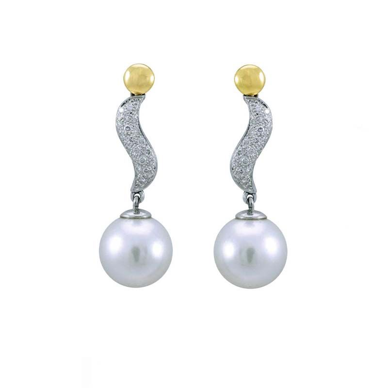 South Sea Pearl & Diamond "S" Shape Design Earrings  |  18ct Yellow & White Gold