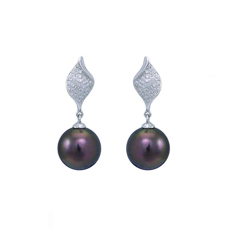 Tahitian Pearl & Diamond Twisted Leaf Earrings  |  18ct White Gold