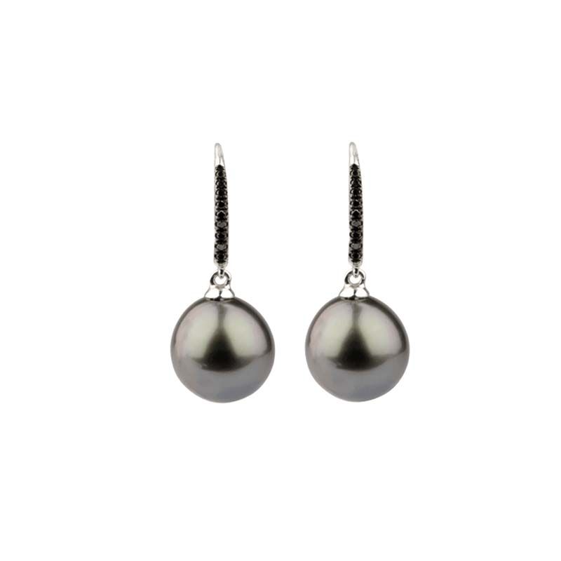 Tahitian Pearl & Black Diamond Set Hook Wire Earrings  |  18ct White Gold