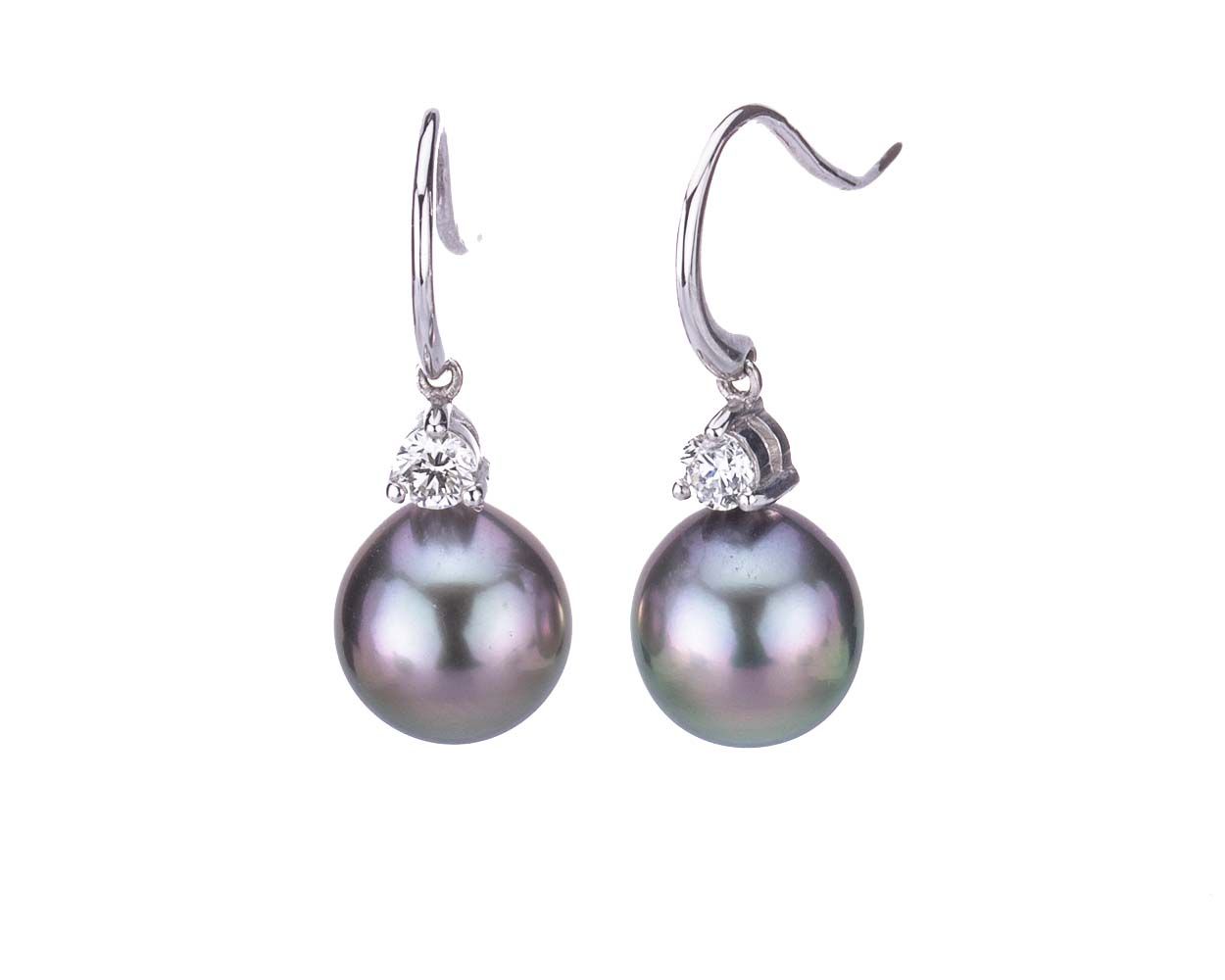 Tahitian Pearl & Diamond Set Hookwire Earrings  |  18ct White Gold
