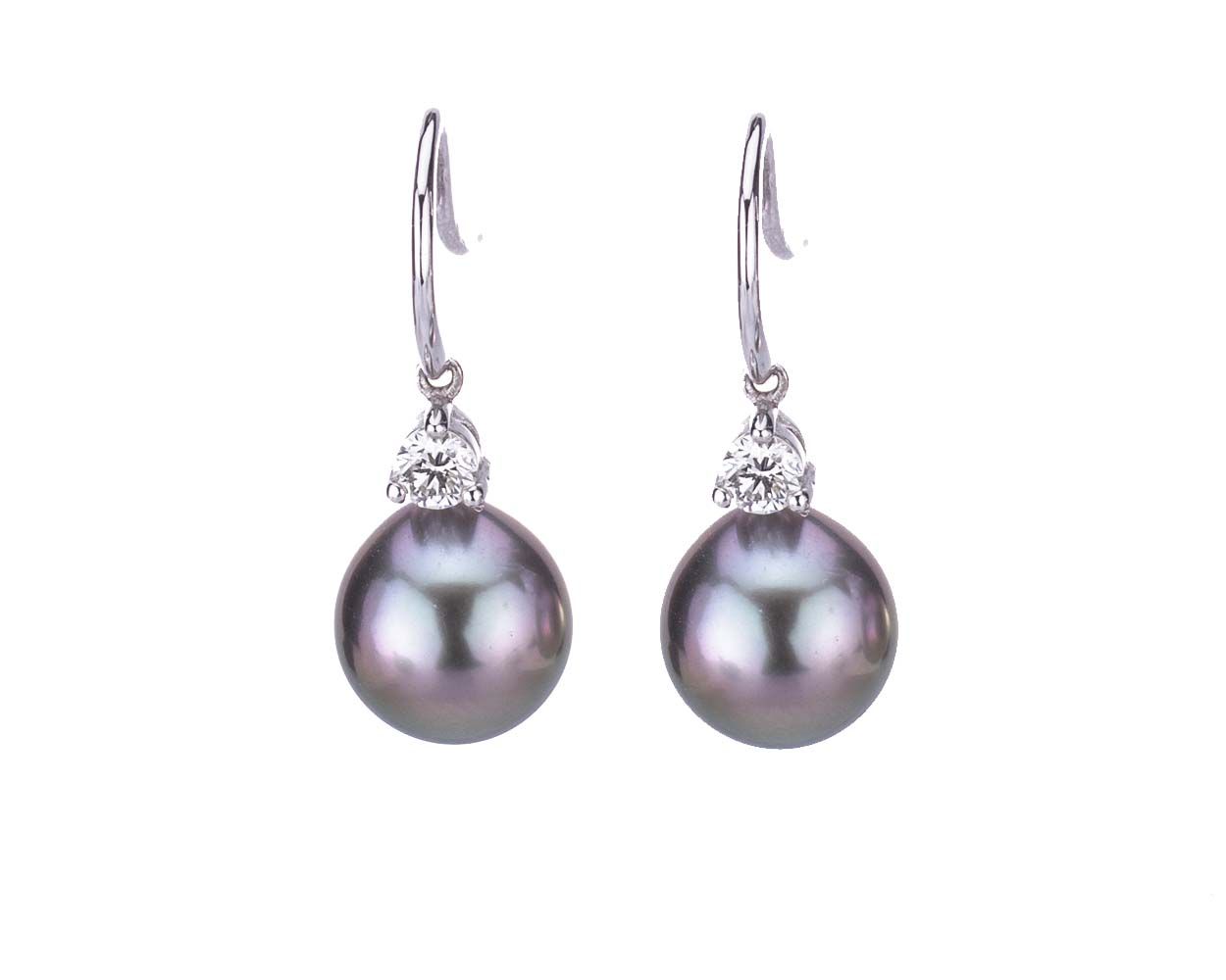Tahitian Pearl & Diamond Set Hookwire Earrings  |  18ct White Gold