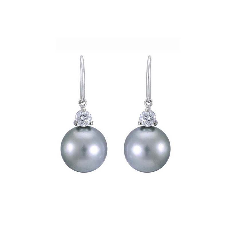 Tahitian Pearl & Diamond 3 Claw Hook Wire Earrings  |  18ct White Gold