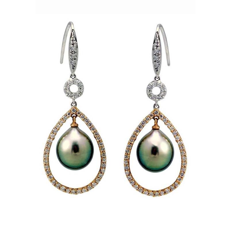 Tahitian Pearl & Diamond Bi Colour Hook-Wire Earrings  |  18ct Gold
