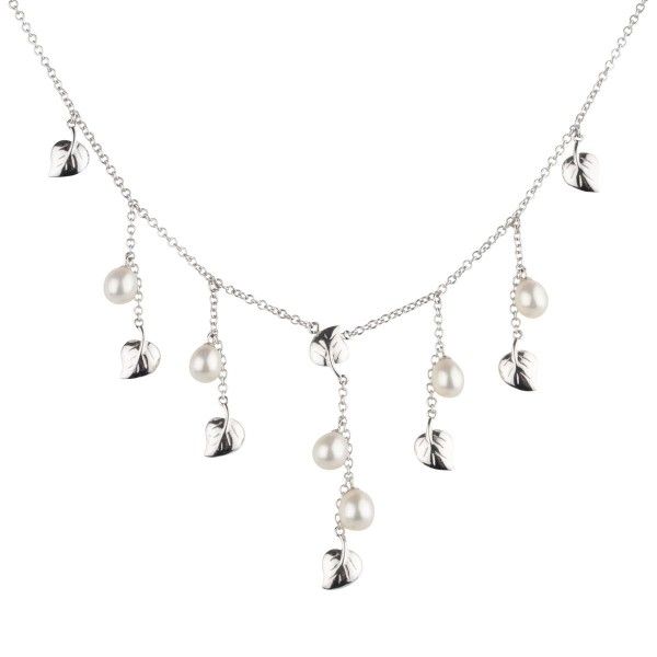White Gold Leaf & Pearl Drop Necklace