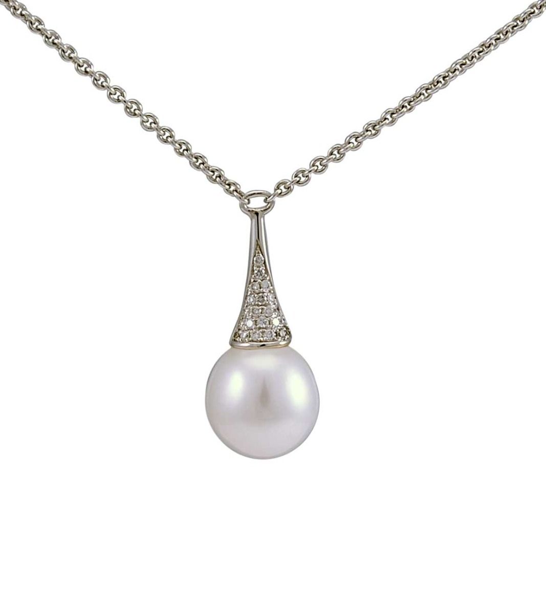 A contemporary cone shape design pendant,set with Diamonds and a Freshwater Pearl and having integral chain.