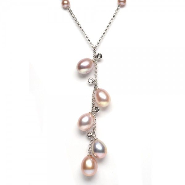 Freshwater Pearl & Diamond Rain Drop Necklace  |  14ct White Gold