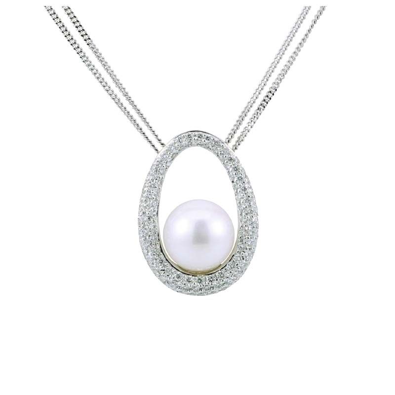 Freshwater Pearl & Diamond Double Chain Pendant Necklace| 18ct White Gold