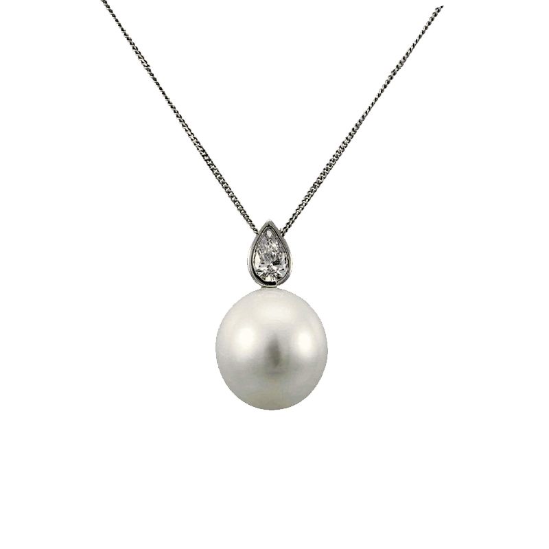 South Sea Pearl & Certified D-Colour Pear-Shape Diamond Pendant  |  18ct White Gold