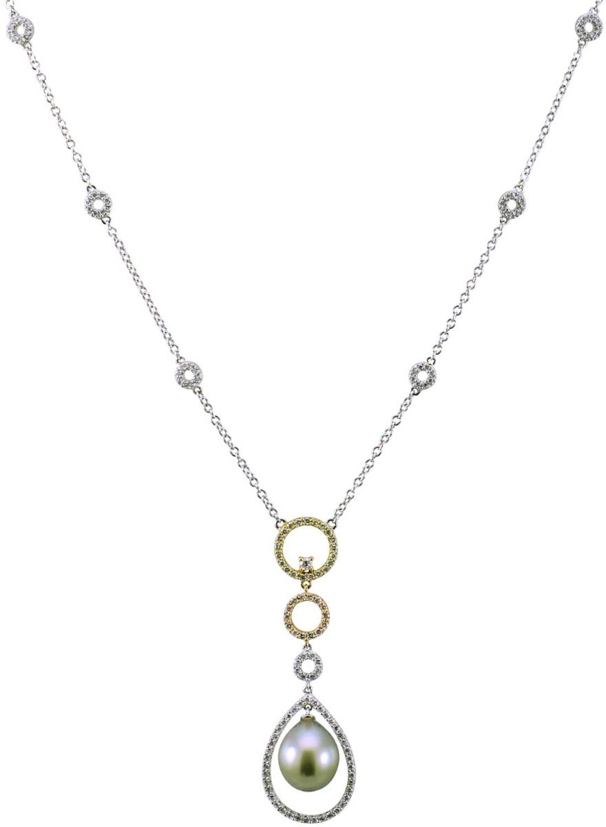 18ct 3 colour Gold Tahitian Pearl and Diamond circles and drop necklace 