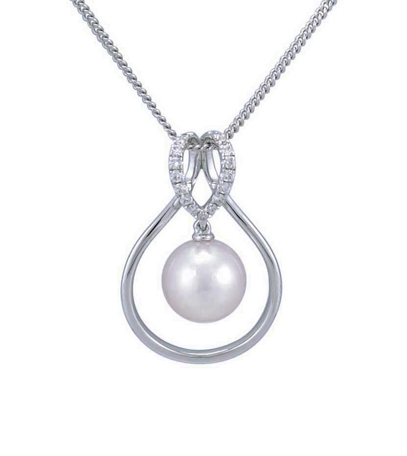 Modern open loop design Akoya Pearl and Diamond Pendant in 18ct