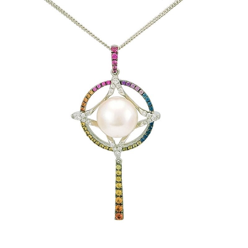 Akoya Pearl, Multi-Colour Sapphire & Diamond Star & Circle Design Pendant |18ct White Gold