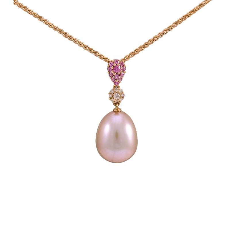 Natural Colour Freshwater Pearl, Diamond & Pink Sapphire Pendant  |  18ct Rose Gold