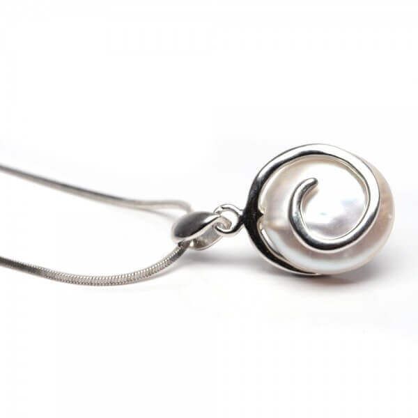  White Freshwater Coin Pearl Swirl Pendant | Silver