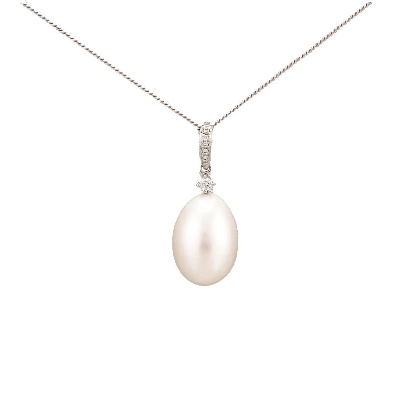 Antique Influenced Design Freshwater Pearl & Diamond Dropper Pendant  |  18ct White Gold