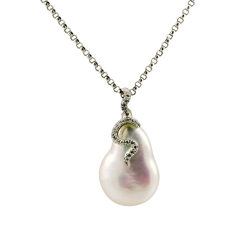 Baroque Freshwater Pearl & Diamond "Entwined" Design Pendant  |  14ct White Gold 