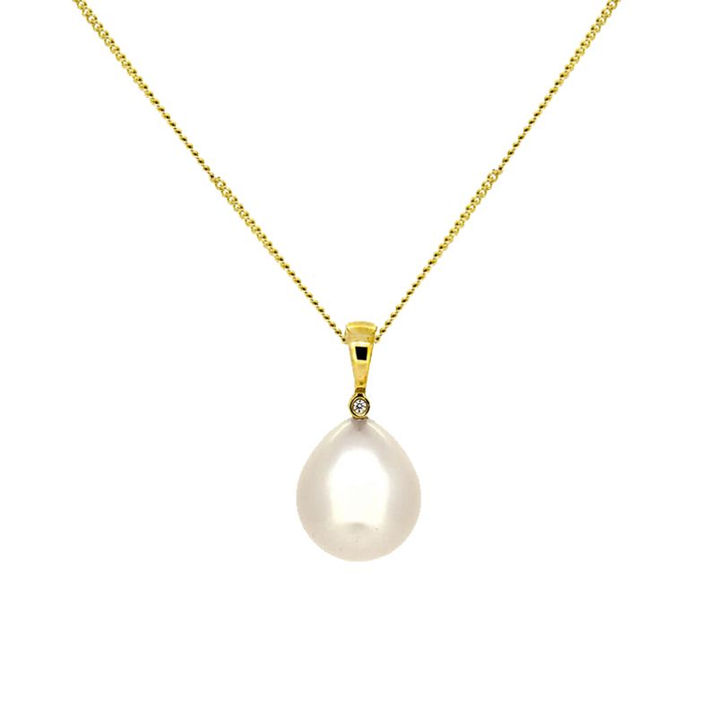 Freshwater Pearl & Diamond Drop Simple Pendant | 9ct Yellow Gold