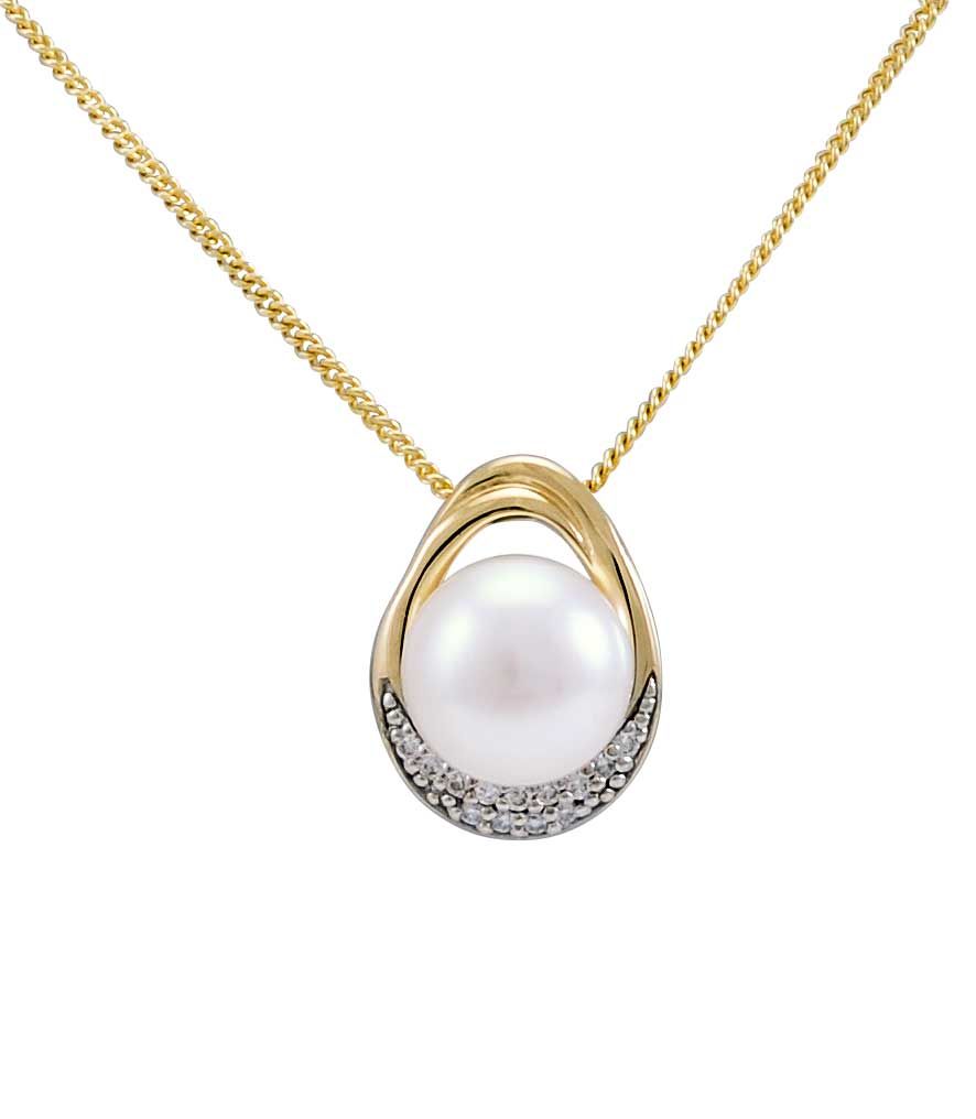 Freshwater Pearl & Diamond Tapered Oval Design Pendant  |  9ct Gold