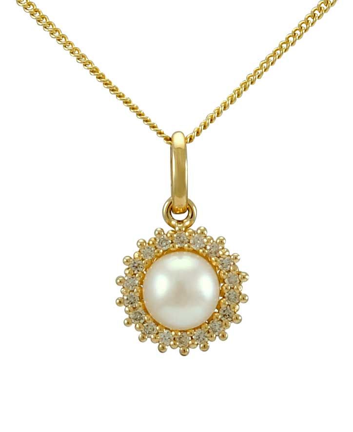 Freshwater Pearl & Diamond Halo Cluster Pendant  |  9ct Gold