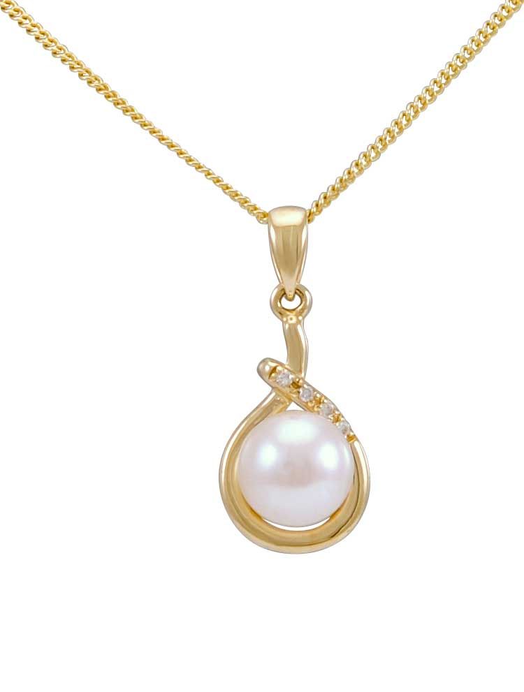 Freshwater Pearl & Diamond Cross-Over Loop Design Pendant  |  9ct Yellow Gold