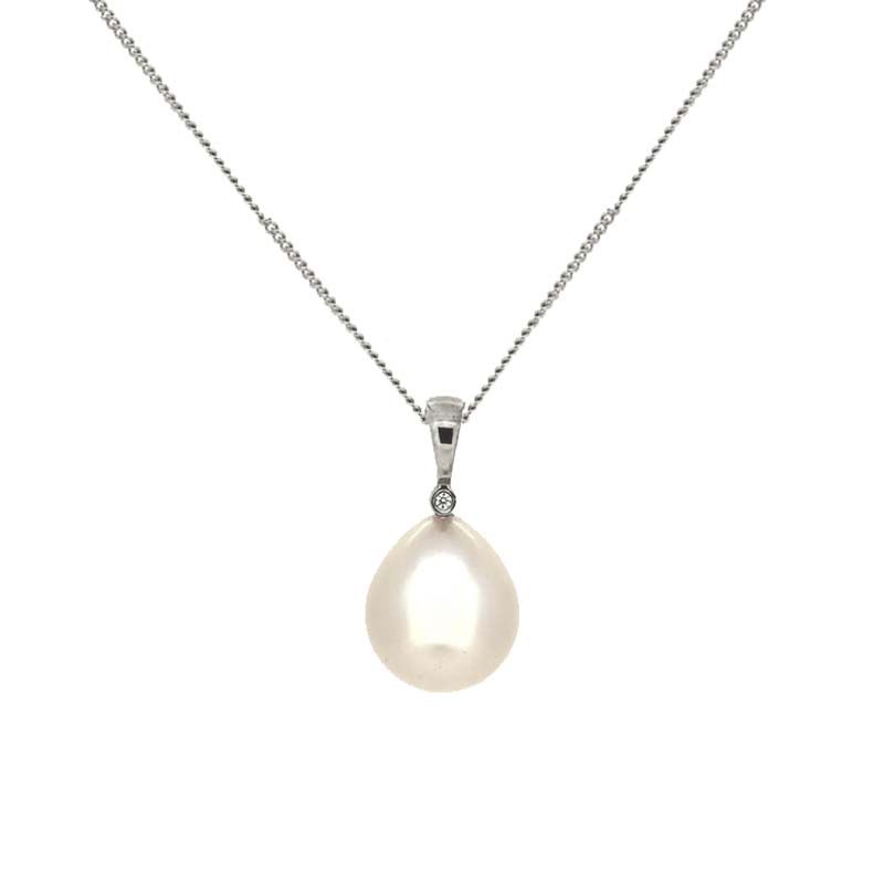 Freshwater Pearl & Diamond Drop Simple Pendant | 9ct White gold