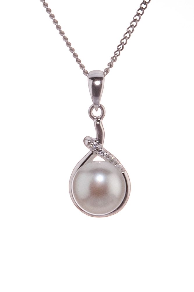 Freshwater Pearl & Diamond Cross-Over Loop Design Pendant  |  9ct White Gold