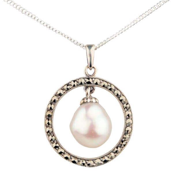 Freshwater Baroque Pearl & Marcasite Vintage style Pendant | Silver 