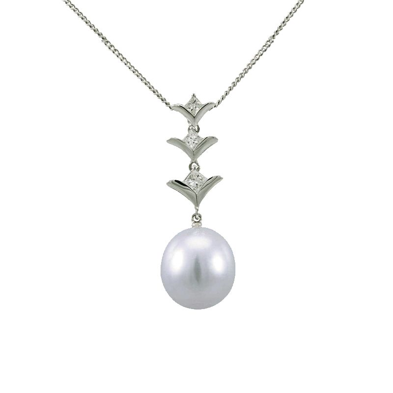 South Sea Pearl & Princess Cut Diamond 'V' Design Pendant  |  18ct White Gold
