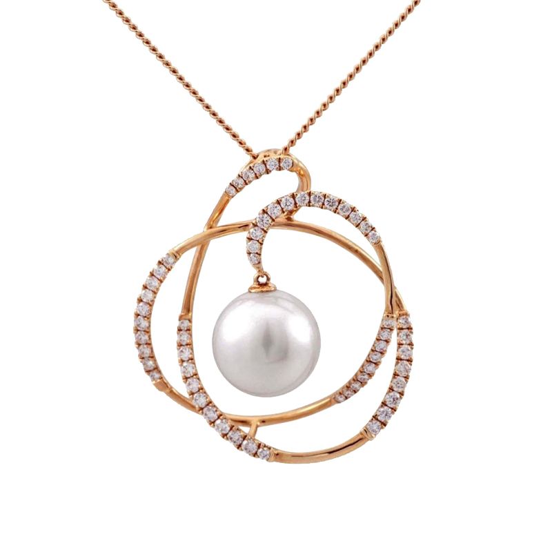 South Sea Pearl & Diamond Swirling Design Pendant  |  18ct Rose Gold