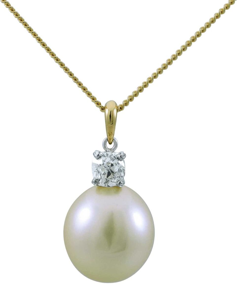 Light Gold South Sea Pearl and Oval cut Diamond hand made pendant