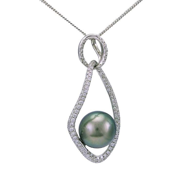 Contemporary Tahitian Pearl & Diamond Open-Work Loop Pendant  |  18ct White Gold