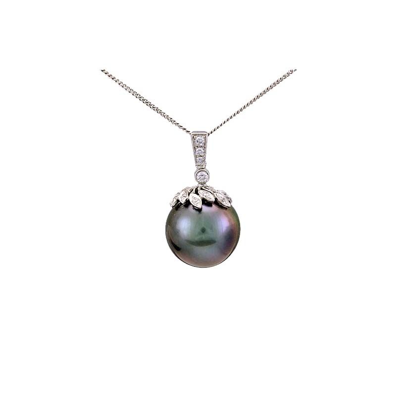 Tahitian Pearl & Diamond Leaf Motif Design Pendant  |  18ct White Gold