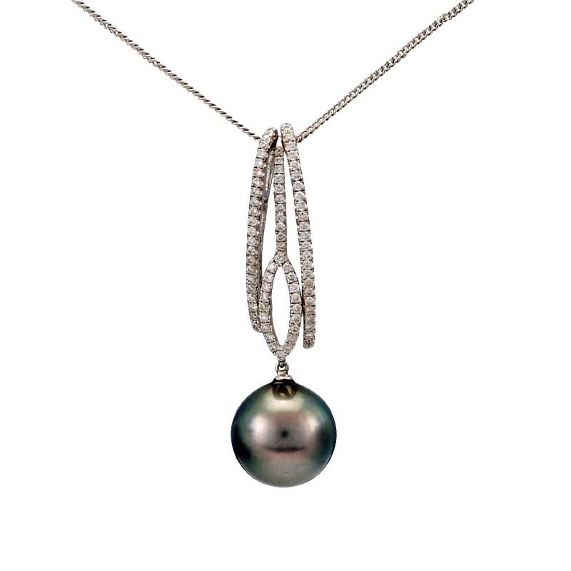 Tahitian Pearl & Diamond Contemporary Open Design Pendant  |  18ct White Gold 