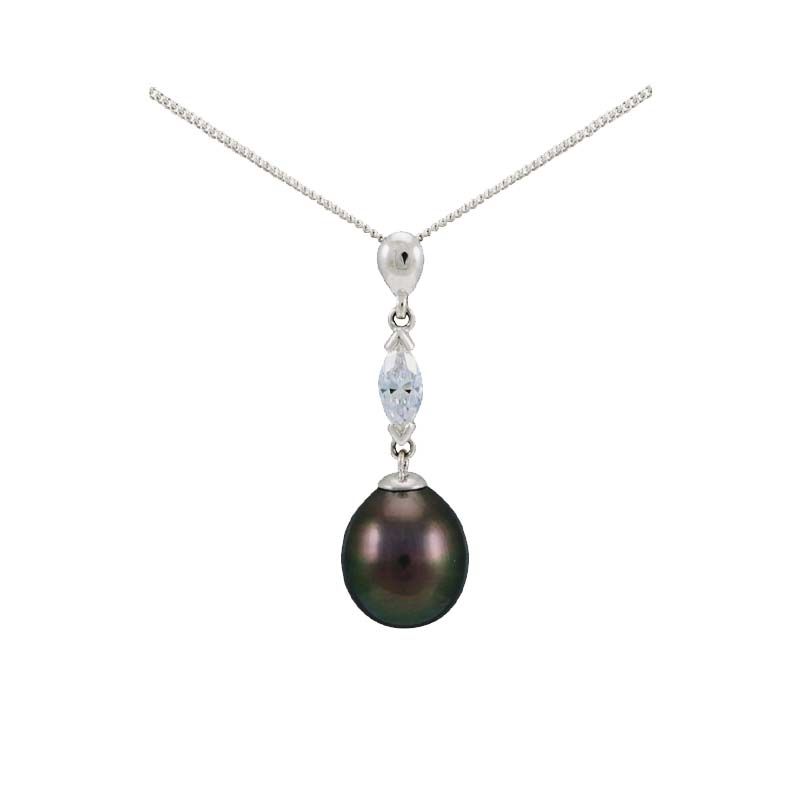 Tahitian Pearl and Certified Navette Shape Diamond Pendant  |  18ct White Gold