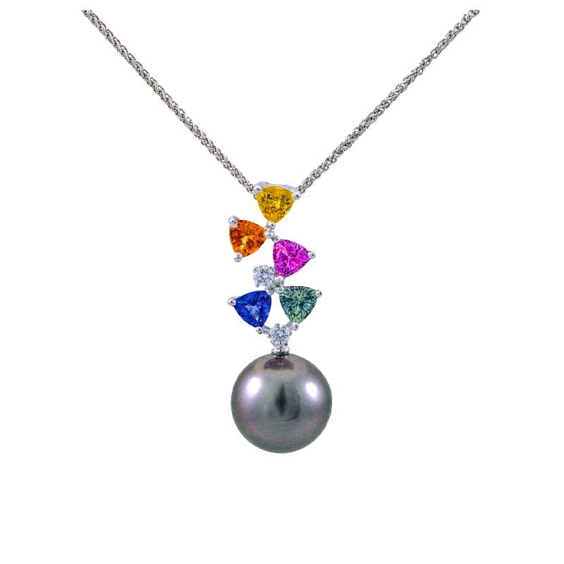 Tahitian Pearl Pendant with Diamond & Multi-Colour Sapphire  |  18ct White Gold