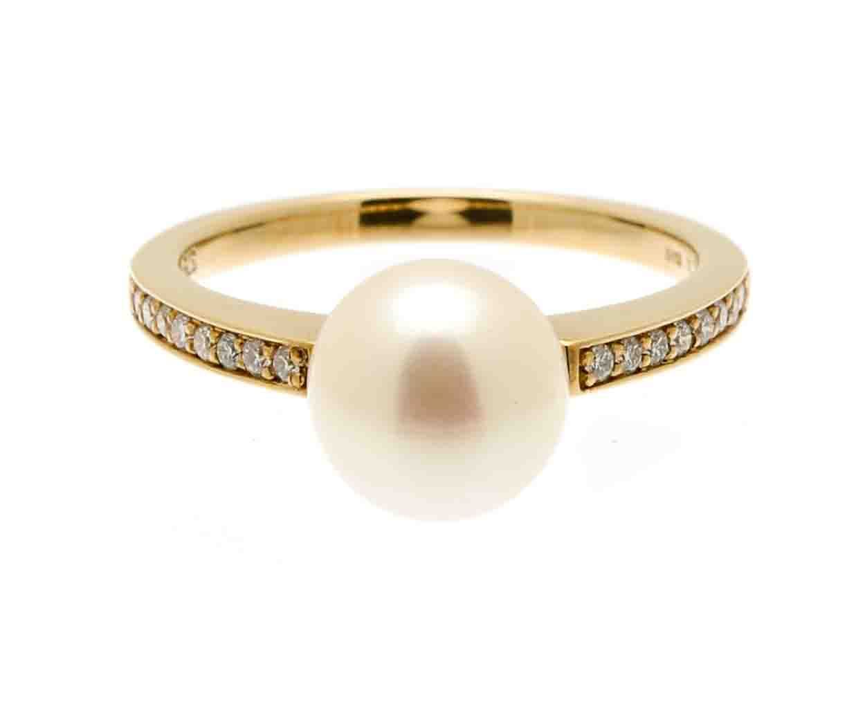 9ct Yellow Gold Freshwater Pearl And Diamond Contemporary Ring.